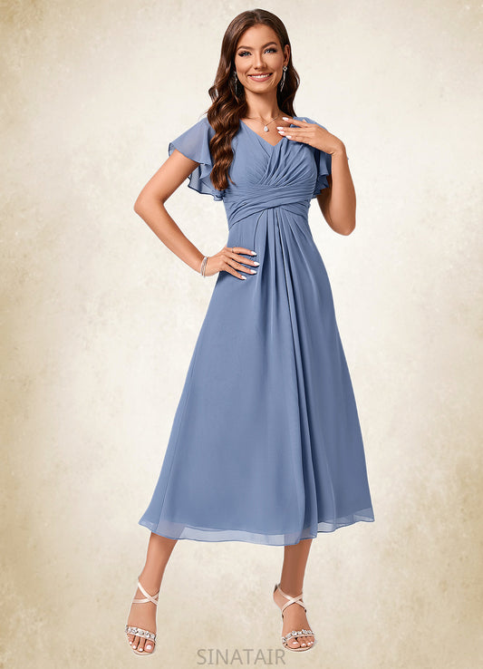 Poll A-line V-Neck Tea-Length Chiffon Cocktail Dress With Ruffle DHP0022233