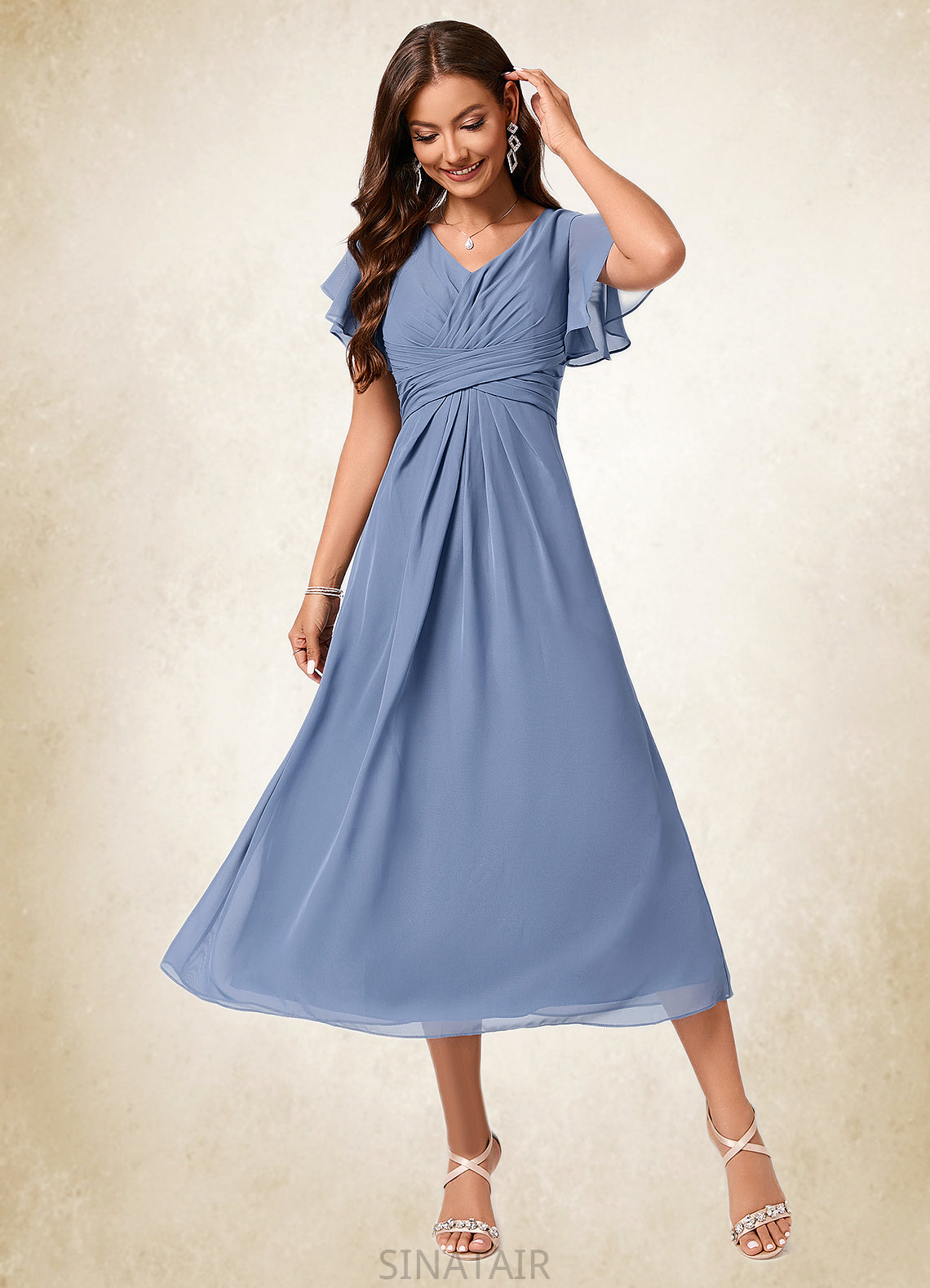 Poll A-line V-Neck Tea-Length Chiffon Cocktail Dress With Ruffle DHP0022233