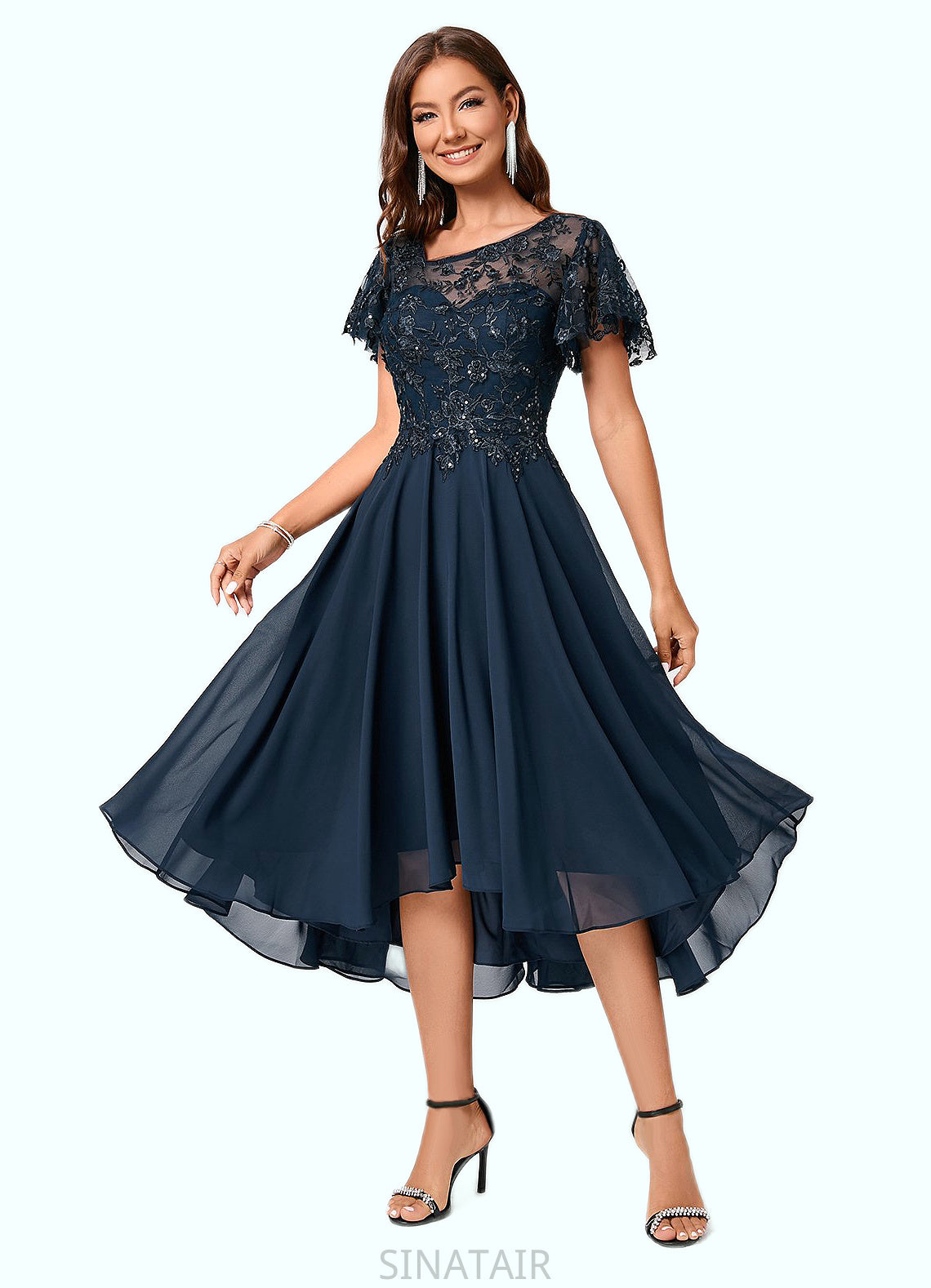 Abril A-line Asymmetrical Asymmetrical Chiffon Lace Cocktail Dress With Ruffle Sequins DHP0022235