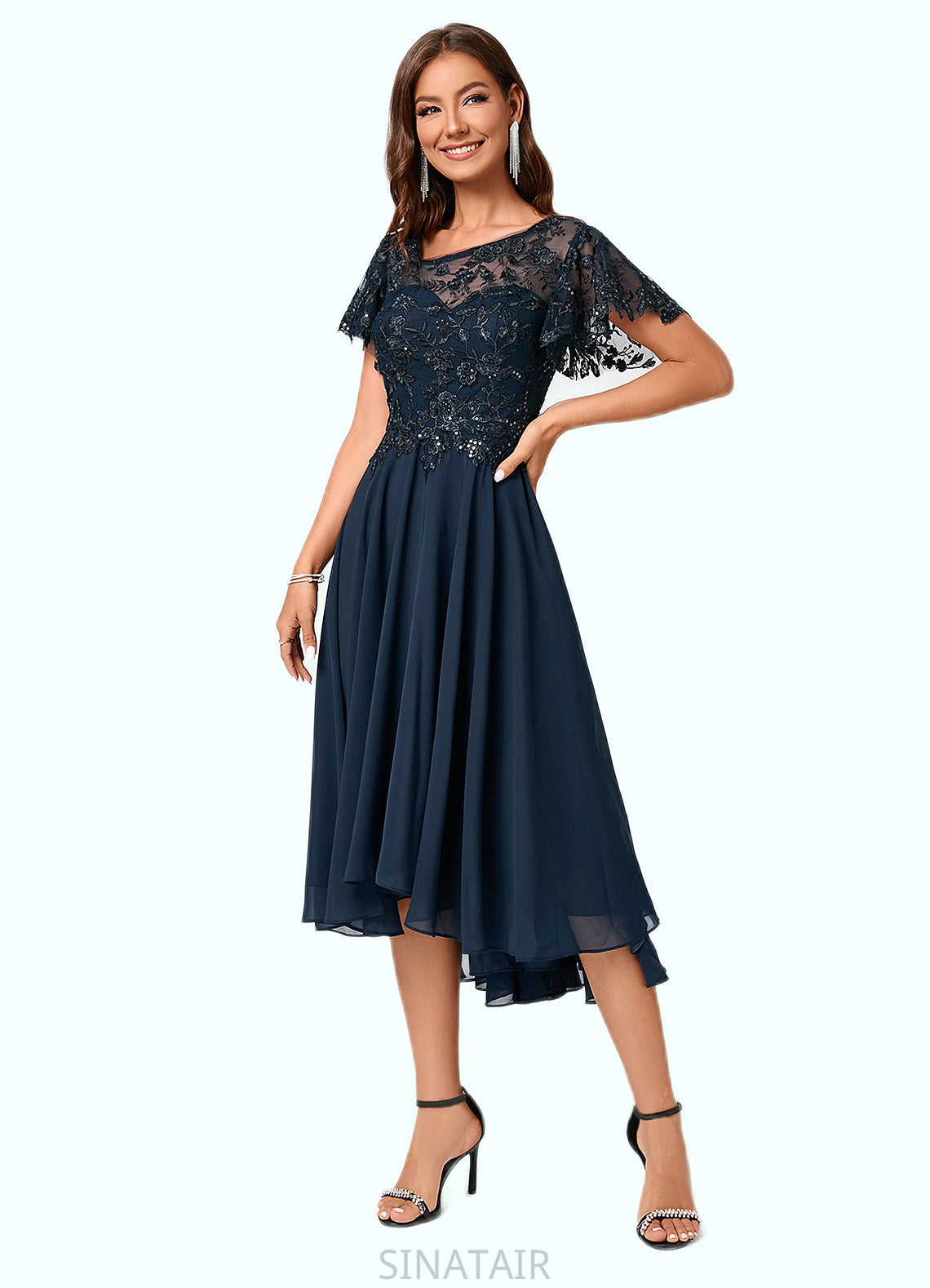 Abril A-line Asymmetrical Asymmetrical Chiffon Lace Cocktail Dress With Ruffle Sequins DHP0022235