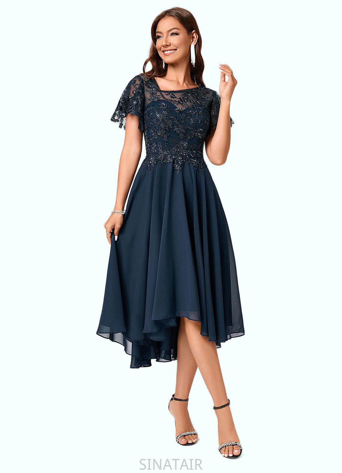 Abril A-line Asymmetrical Asymmetrical Chiffon Lace Cocktail Dress With Ruffle Sequins DHP0022235