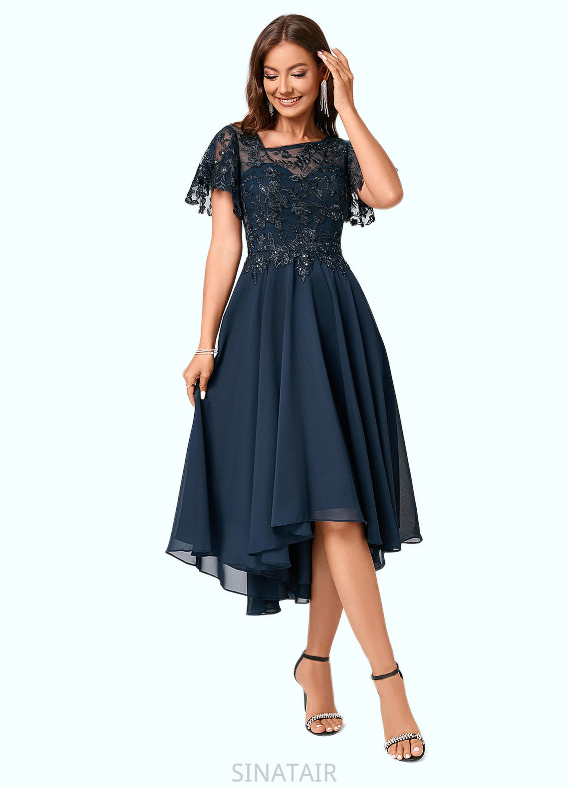 Abril A-line Asymmetrical Asymmetrical Chiffon Lace Cocktail Dress With Ruffle Sequins DHP0022235