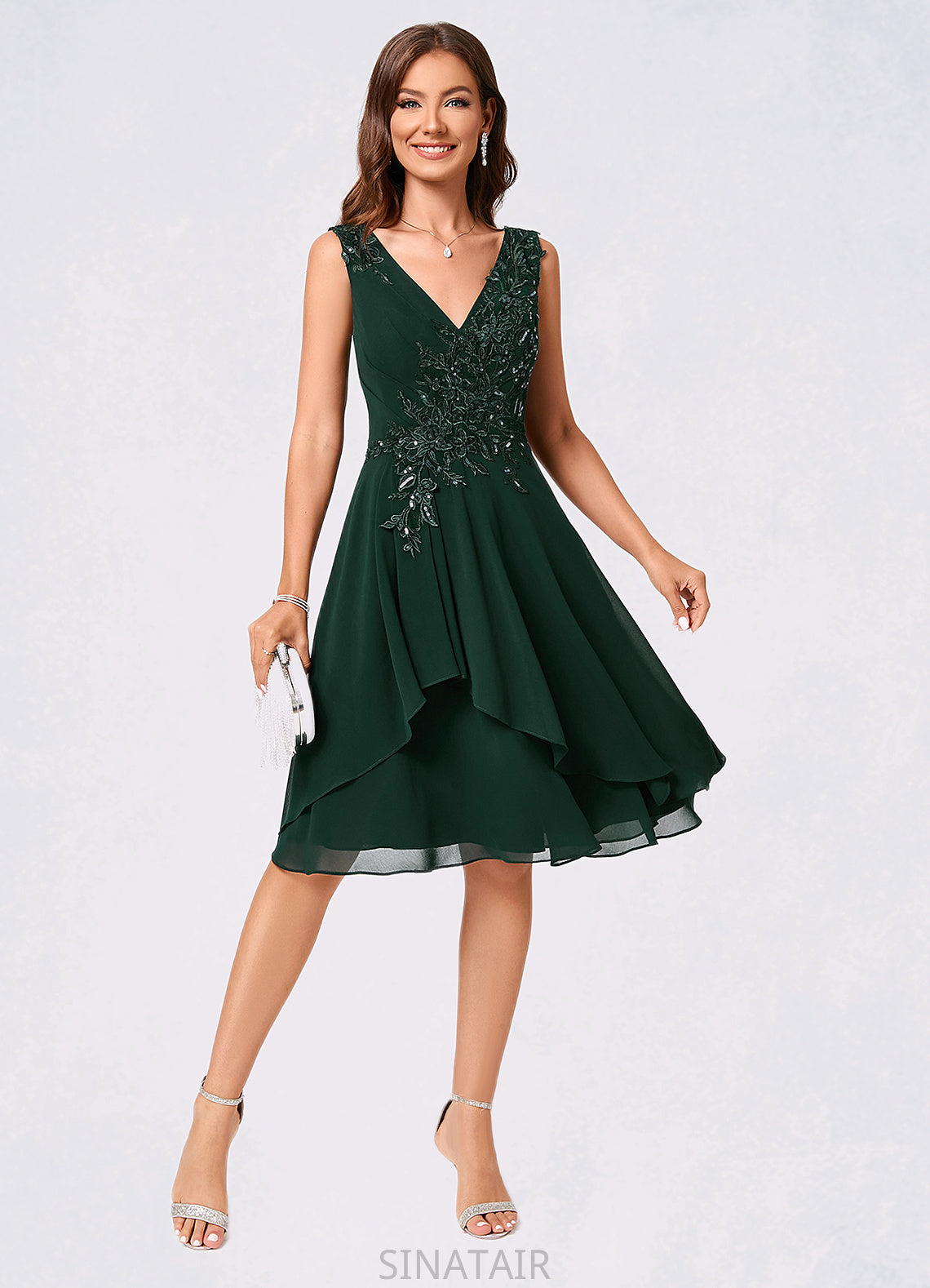 Kailey A-line V-Neck Knee-Length Chiffon Lace Cocktail Dress With Appliques Lace Sequins DHP0022237