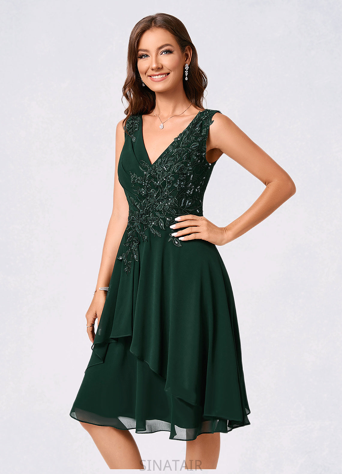 Kailey A-line V-Neck Knee-Length Chiffon Lace Cocktail Dress With Appliques Lace Sequins DHP0022237