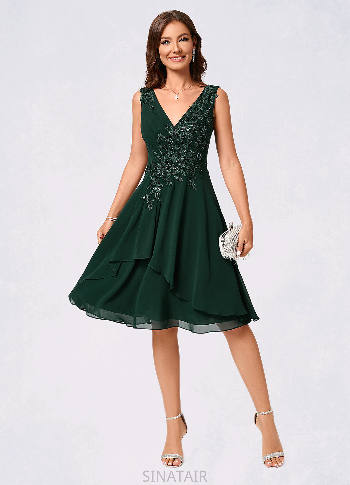 Kailey A-line V-Neck Knee-Length Chiffon Lace Cocktail Dress With Appliques Lace Sequins DHP0022237