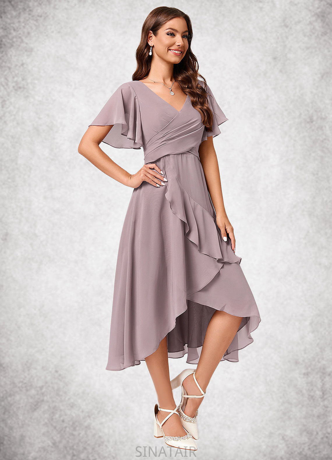 Kaia A-line V-Neck Asymmetrical Chiffon Cocktail Dress With Cascading Ruffles Ruffle DHP0022238