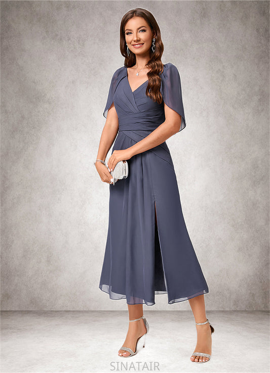 Vivienne A-line V-Neck Tea-Length Chiffon Cocktail Dress With Ruffle DHP0022241