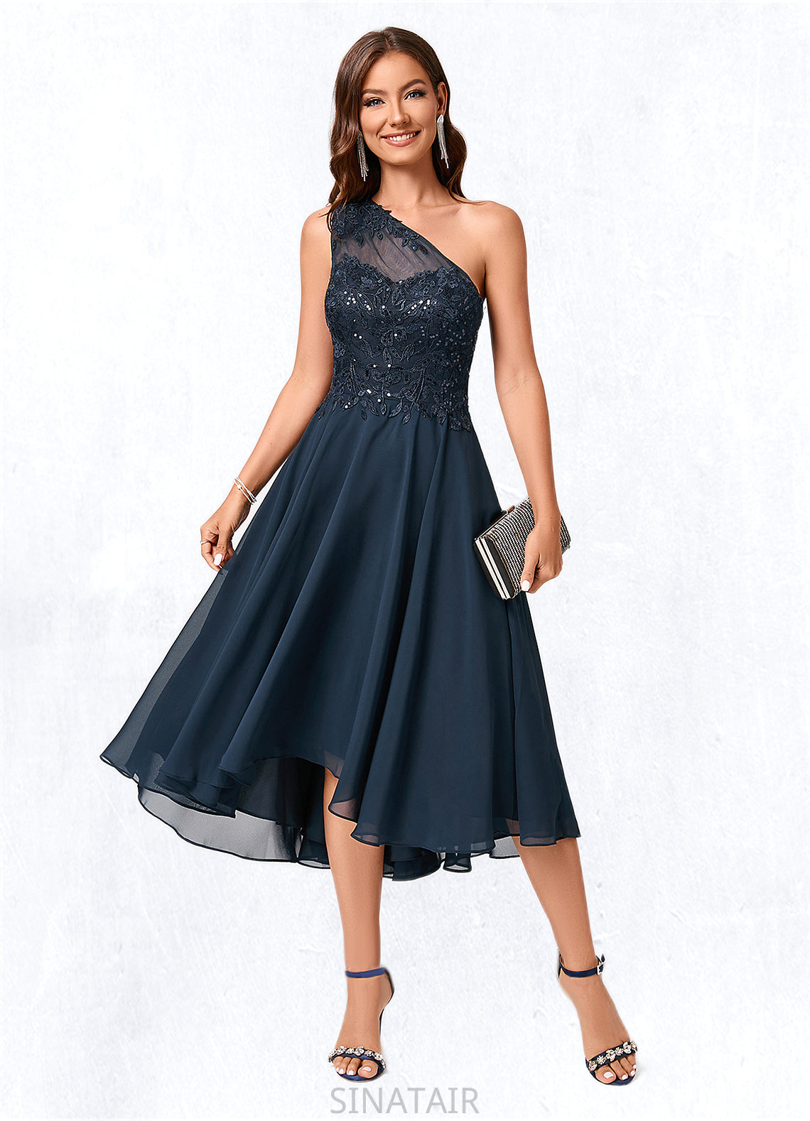 Annabel A-line One Shoulder Asymmetrical Chiffon Lace Sequin Cocktail Dress With Sequins DHP0022245