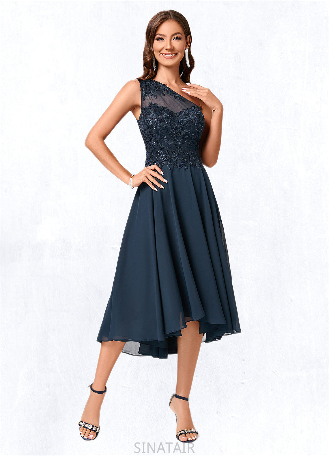 Annabel A-line One Shoulder Asymmetrical Chiffon Lace Sequin Cocktail Dress With Sequins DHP0022245