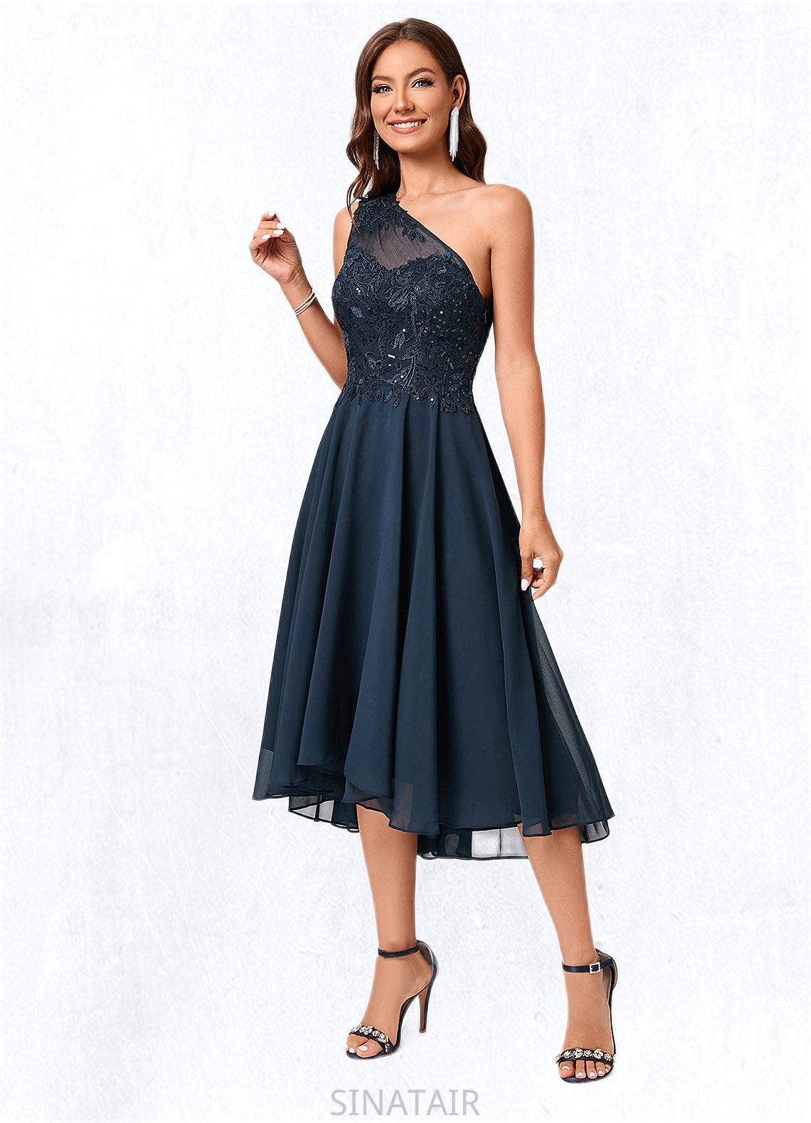 Annabel A-line One Shoulder Asymmetrical Chiffon Lace Sequin Cocktail Dress With Sequins DHP0022245