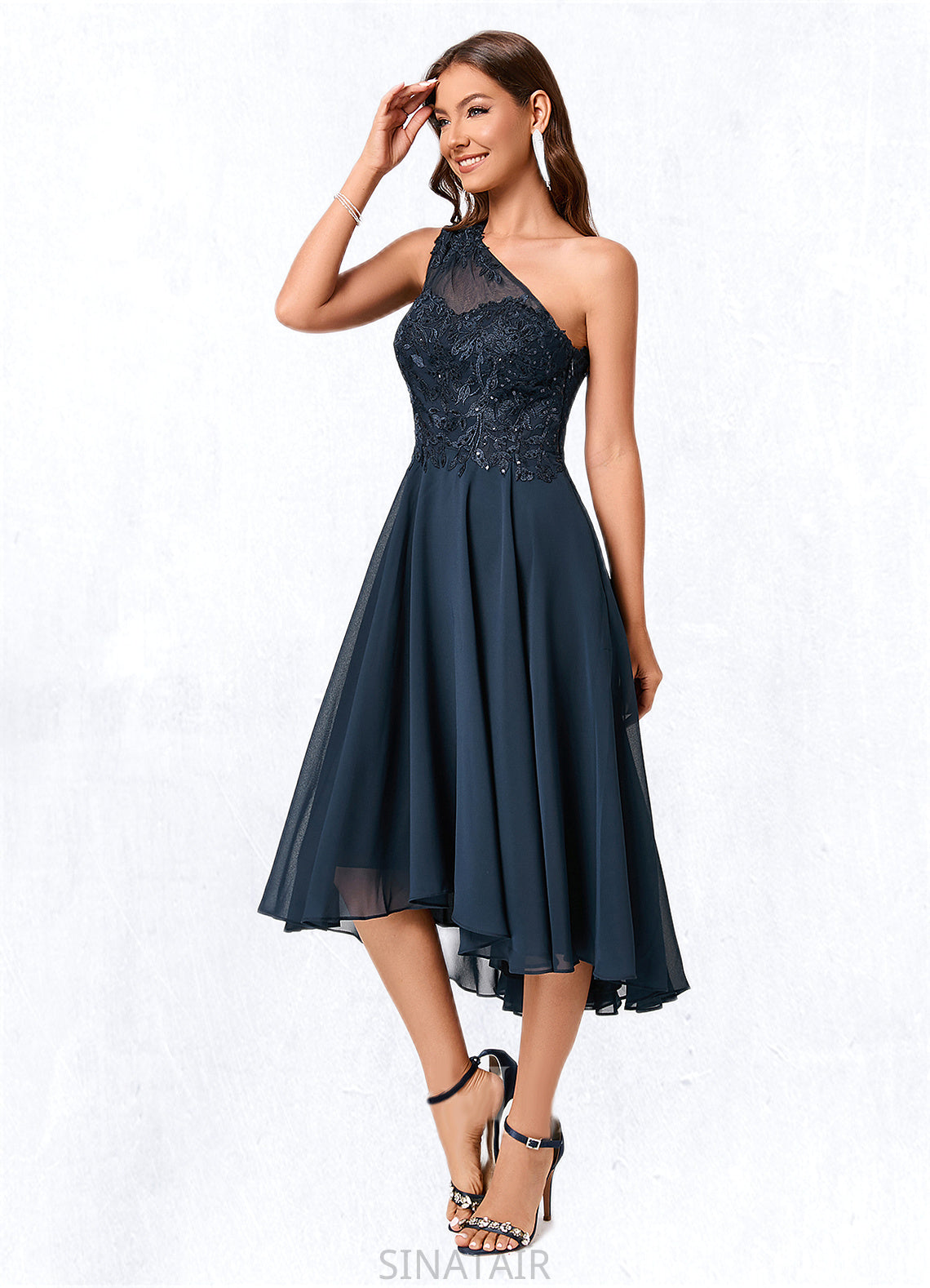 Annabel A-line One Shoulder Asymmetrical Chiffon Lace Sequin Cocktail Dress With Sequins DHP0022245