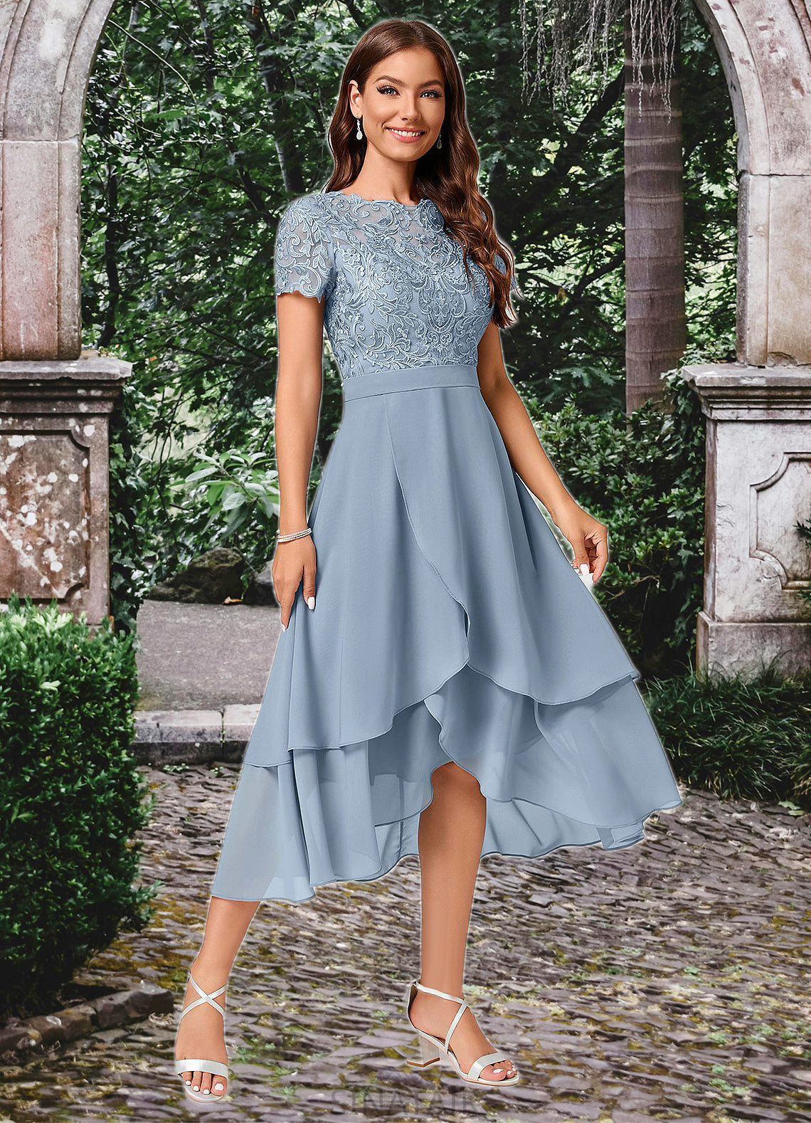 Cierra A-line Scoop Asymmetrical Chiffon Lace Cocktail Dress DHP0022246