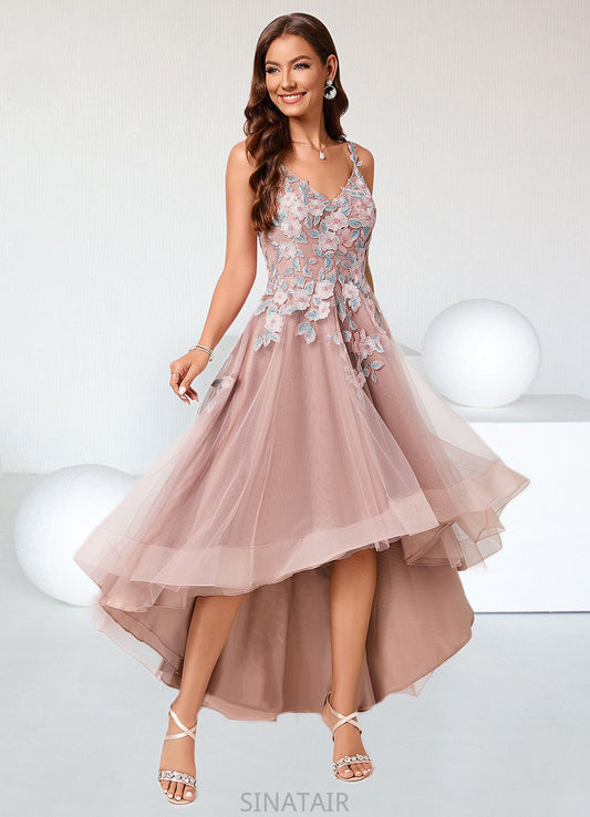 Jacquelyn A-line Off the Shoulder Asymmetrical Lace Tulle Cocktail Dress With Flower DHP0022258