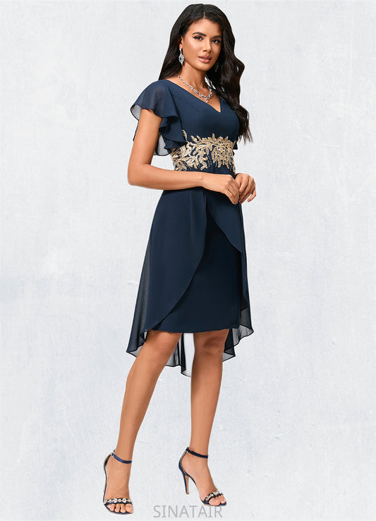 Imani Sheath/Column V-Neck Asymmetrical Chiffon Lace Cocktail Dress With Appliques Lace DHP0022268