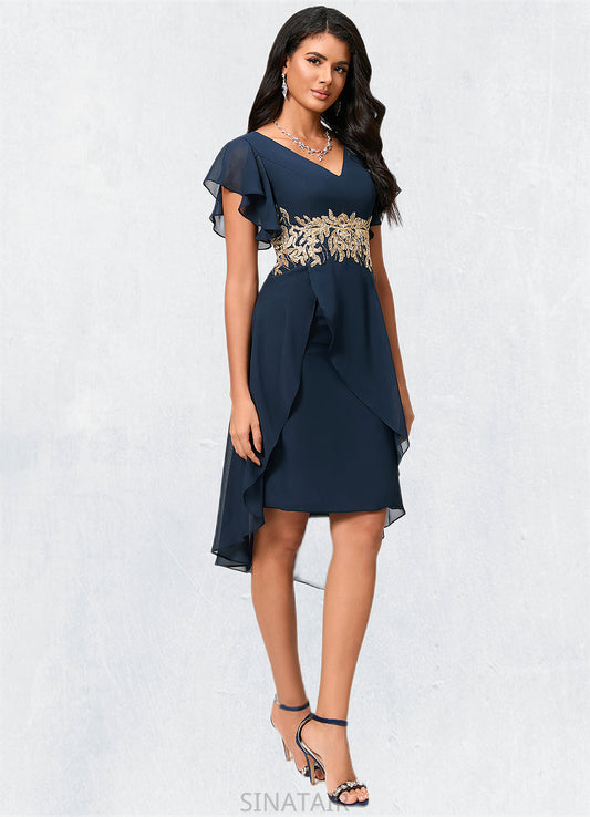 Imani Sheath/Column V-Neck Asymmetrical Chiffon Lace Cocktail Dress With Appliques Lace DHP0022268