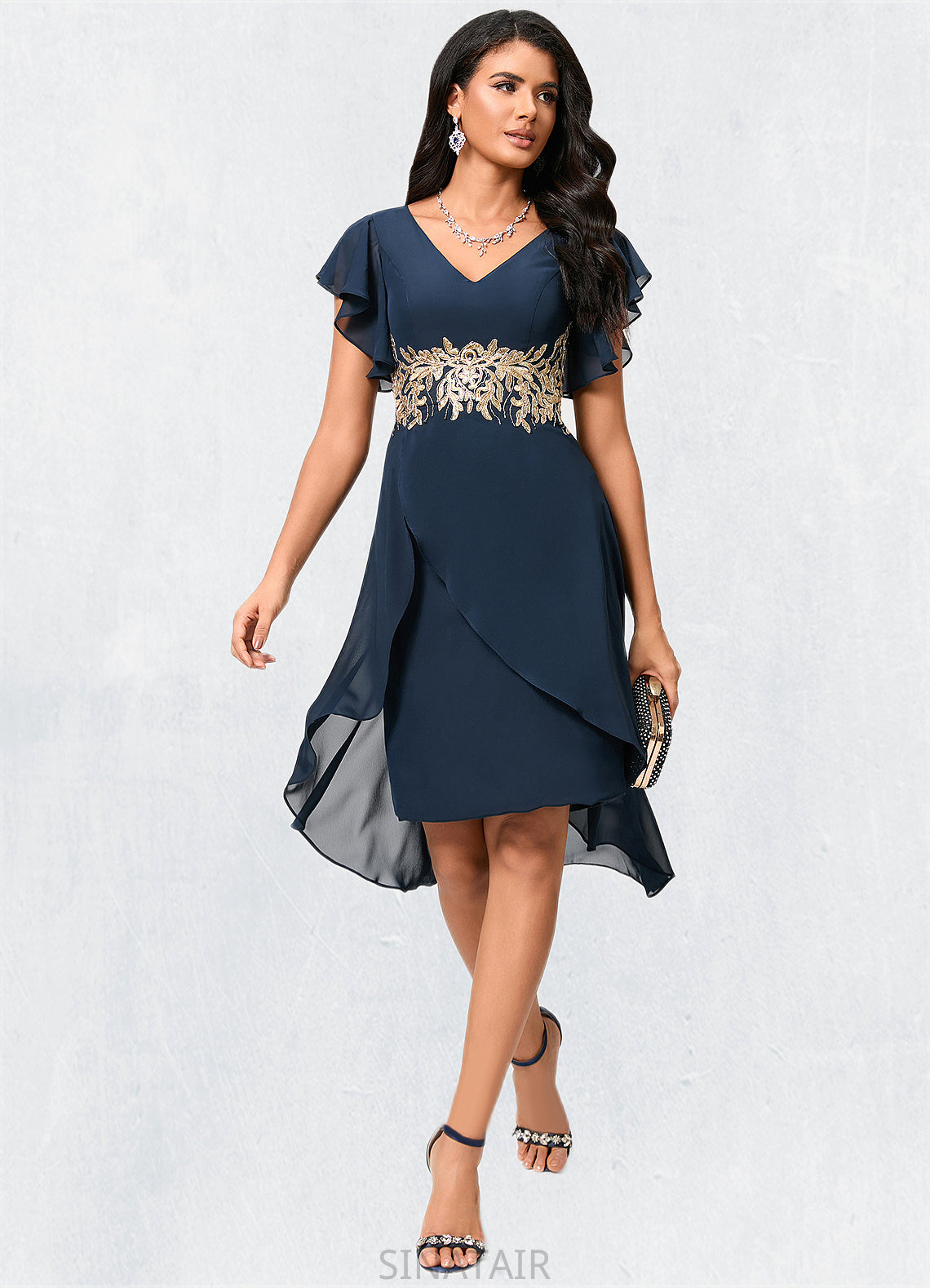 Imani Sheath/Column V-Neck Asymmetrical Chiffon Lace Cocktail Dress With Appliques Lace DHP0022268