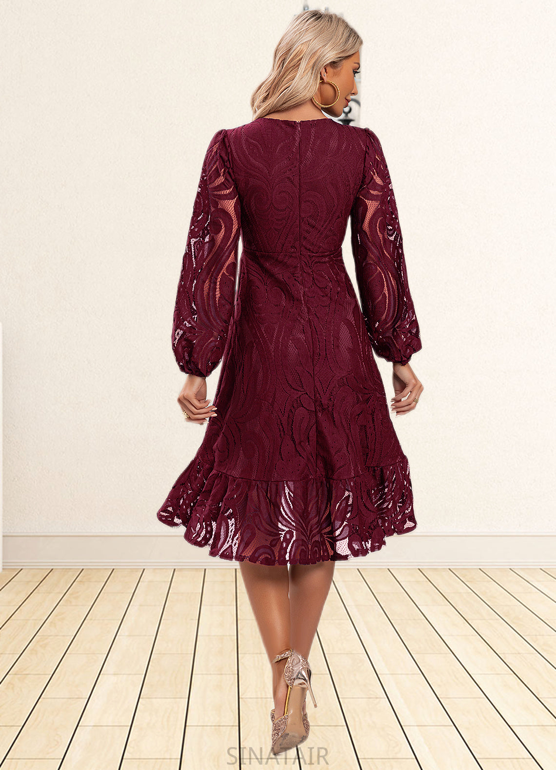 Evelin Jacquard V-Neck Elegant A-line Lace Midi Dresses DHP0022269