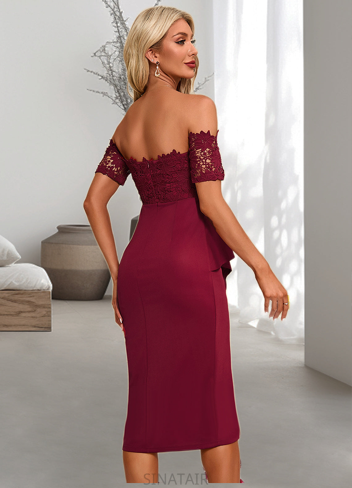 Lindsey Flower Ruffle Off the Shoulder Elegant Sheath/Column Lace Polyester Asymmetrical Dresses DHP0022276