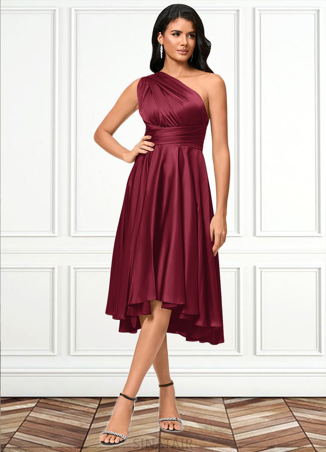 Aurora A-line Halter One Shoulder V-Neck Asymmetrical Silky Satin Cocktail Dress With Ruffle DHP0022280