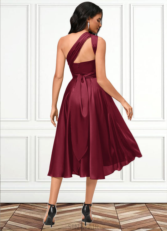 Aurora A-line Halter One Shoulder V-Neck Asymmetrical Silky Satin Cocktail Dress With Ruffle DHP0022280