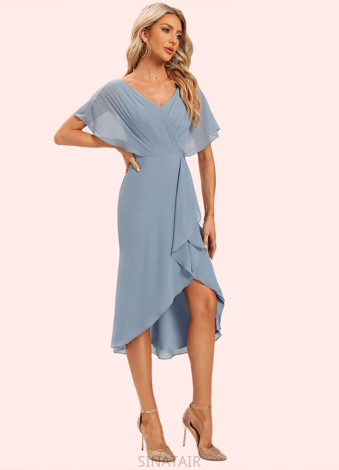 Charlize Sheath/Column V-Neck Asymmetrical Chiffon Cocktail Dress With Ruffle DHP0022282