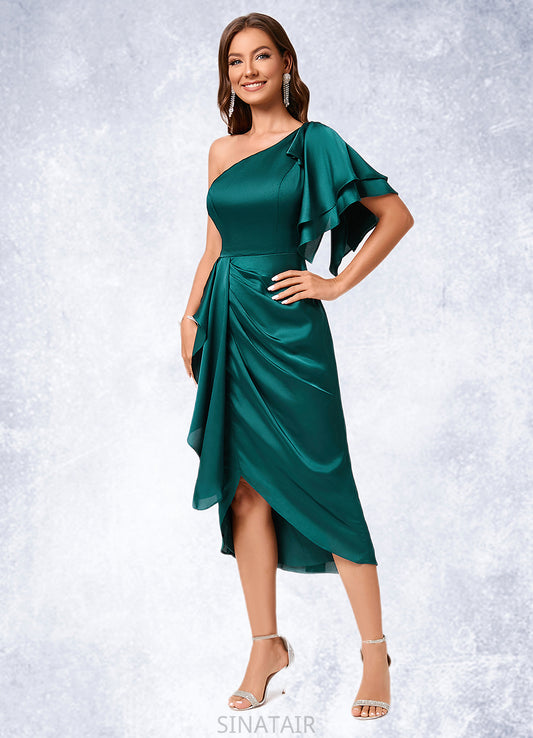 Amiah Sheath/Column One Shoulder Asymmetrical Silky Satin Cocktail Dress With Ruffle DHP0022293