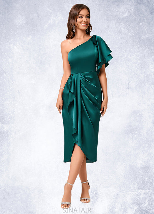 Amiah Sheath/Column One Shoulder Asymmetrical Silky Satin Cocktail Dress With Ruffle DHP0022293