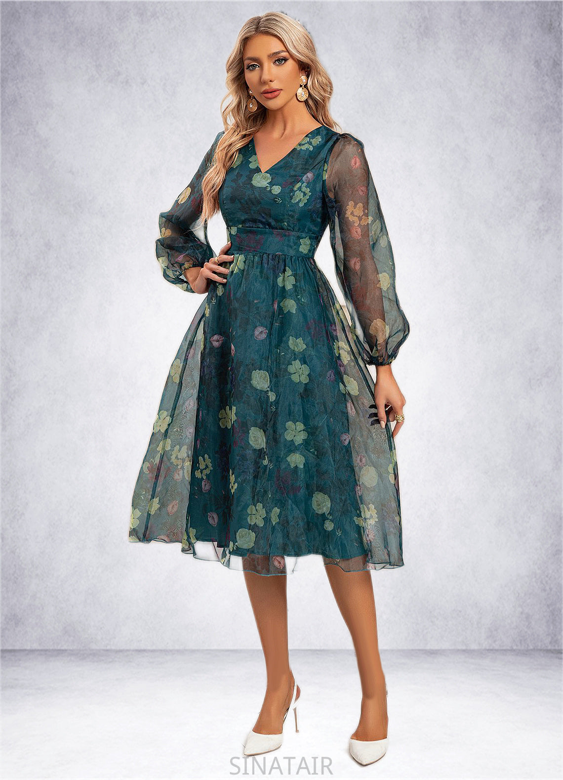 Sara Floral Print V-Neck Elegant A-line Organza Midi Dresses DHP0022297