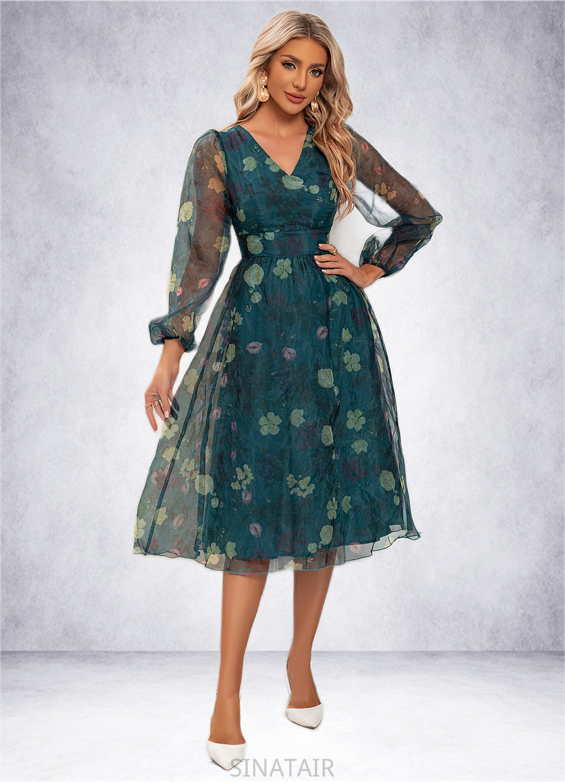 Sara Floral Print V-Neck Elegant A-line Organza Midi Dresses DHP0022297