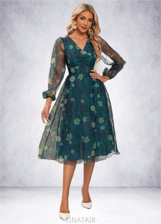 Sara Floral Print V-Neck Elegant A-line Organza Midi Dresses DHP0022297