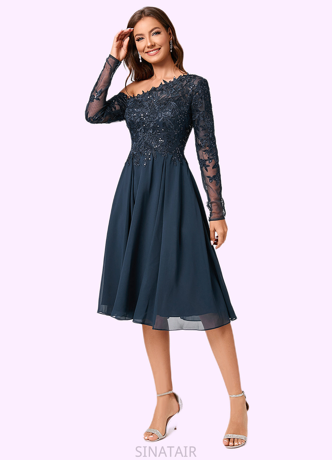 Sophia A-line One Shoulder Knee-Length Chiffon Lace Sequin Cocktail Dress With Sequins DHP0022310