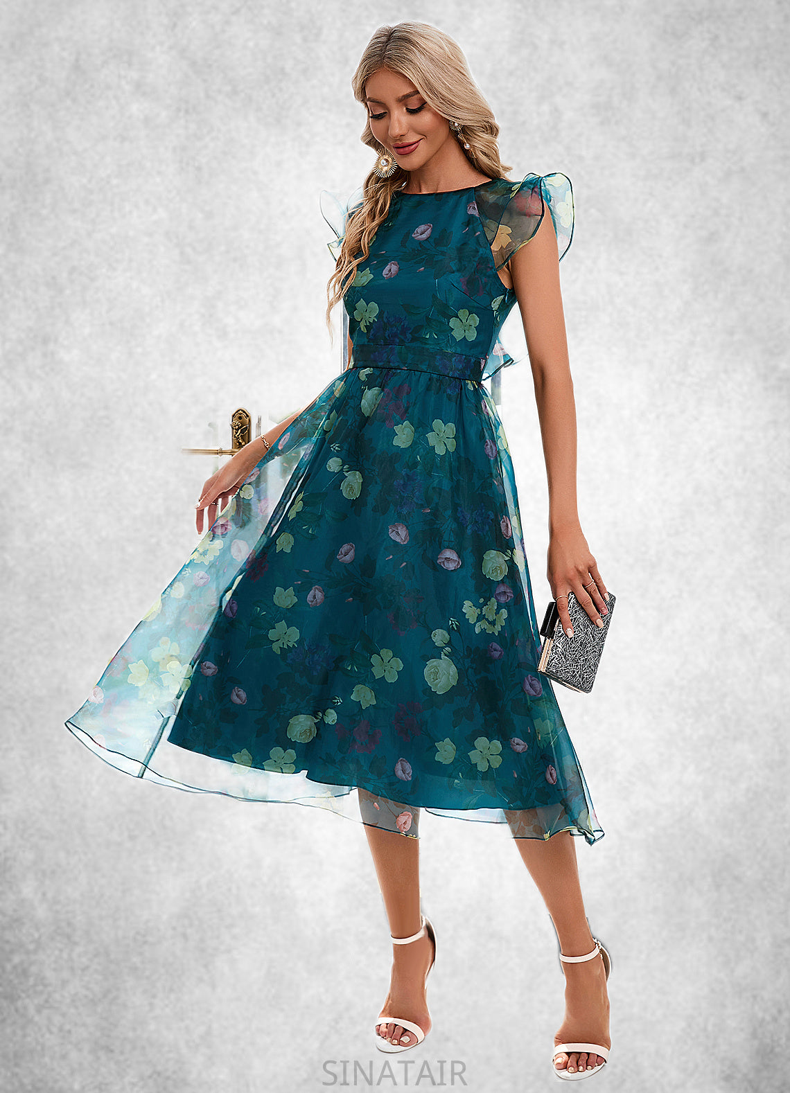 Kelsie Floral Print Scoop Elegant A-line Organza Midi Dresses DHP0022318