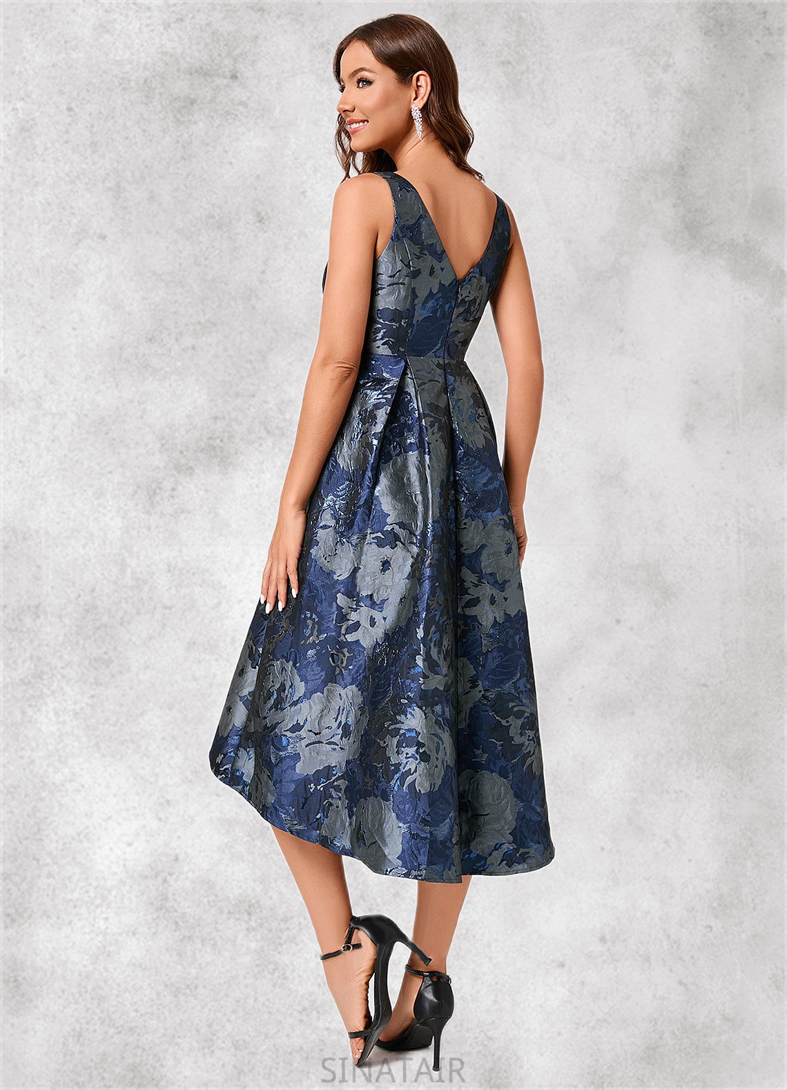 Kristen A-line V-Neck Asymmetrical Jacquard Cocktail Dress With Flower DHP0022321