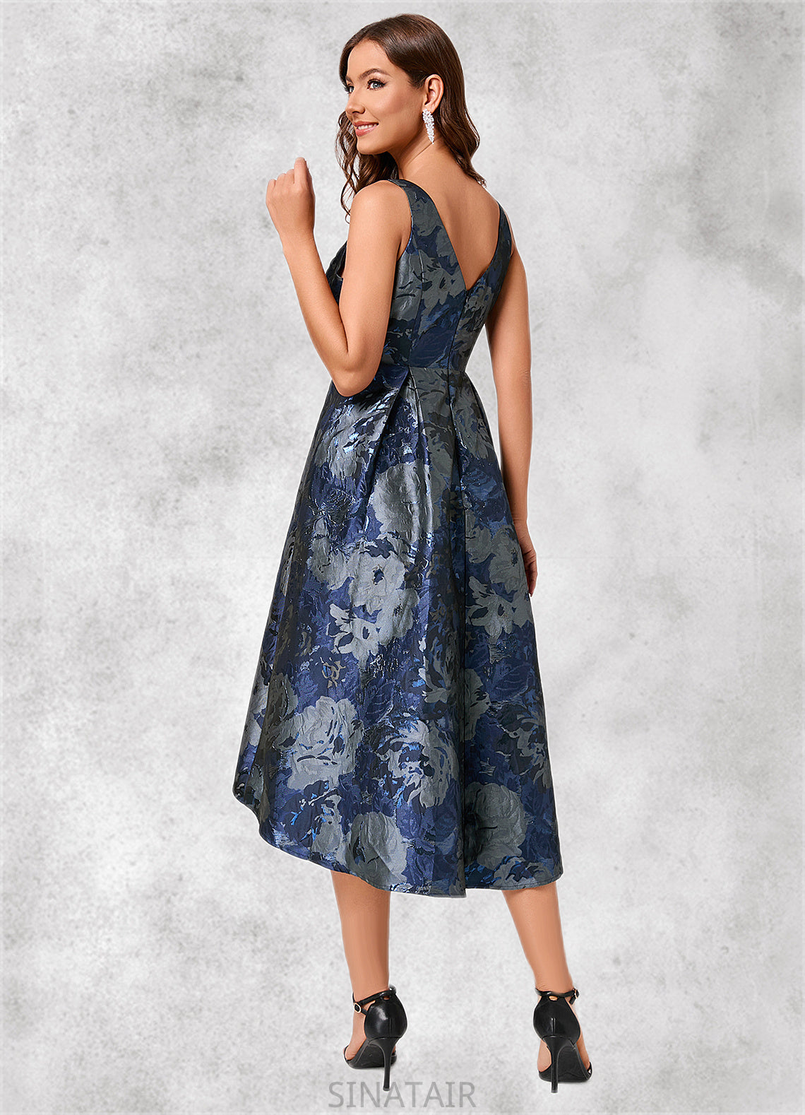 Kristen A-line V-Neck Asymmetrical Jacquard Cocktail Dress With Flower DHP0022321