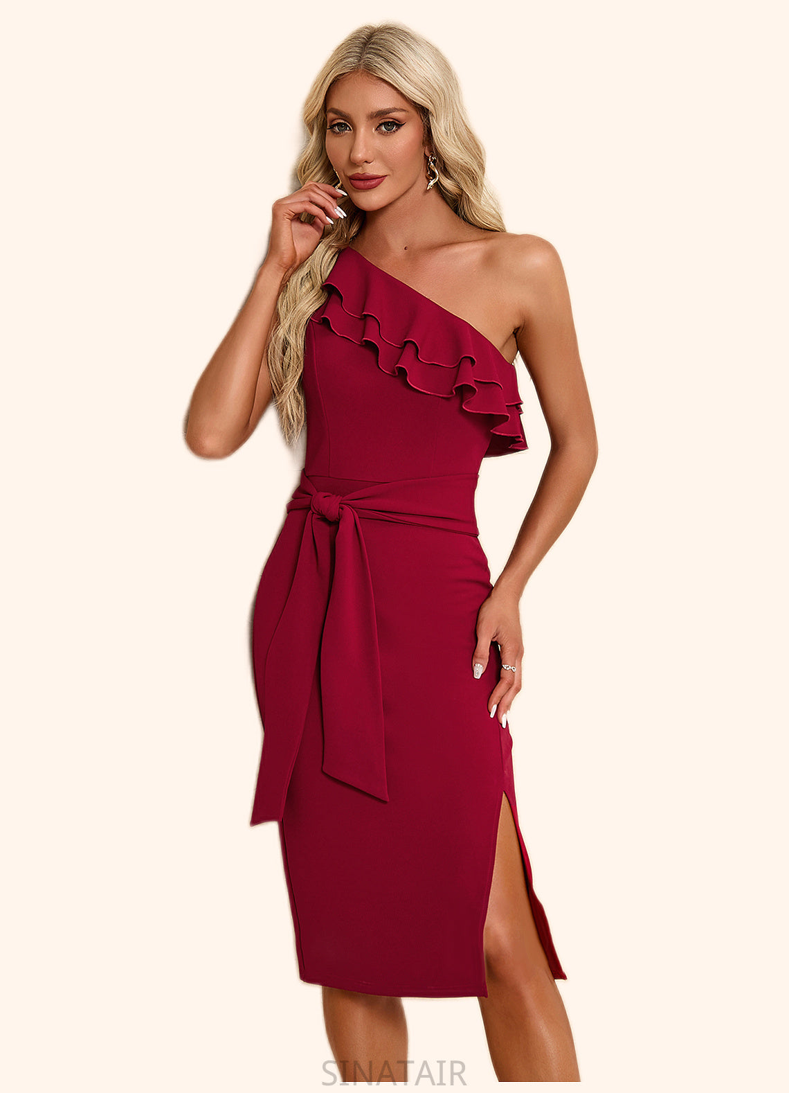 Shayna Ruffle One Shoulder Elegant Bodycon Polyester Midi Dresses DHP0022326