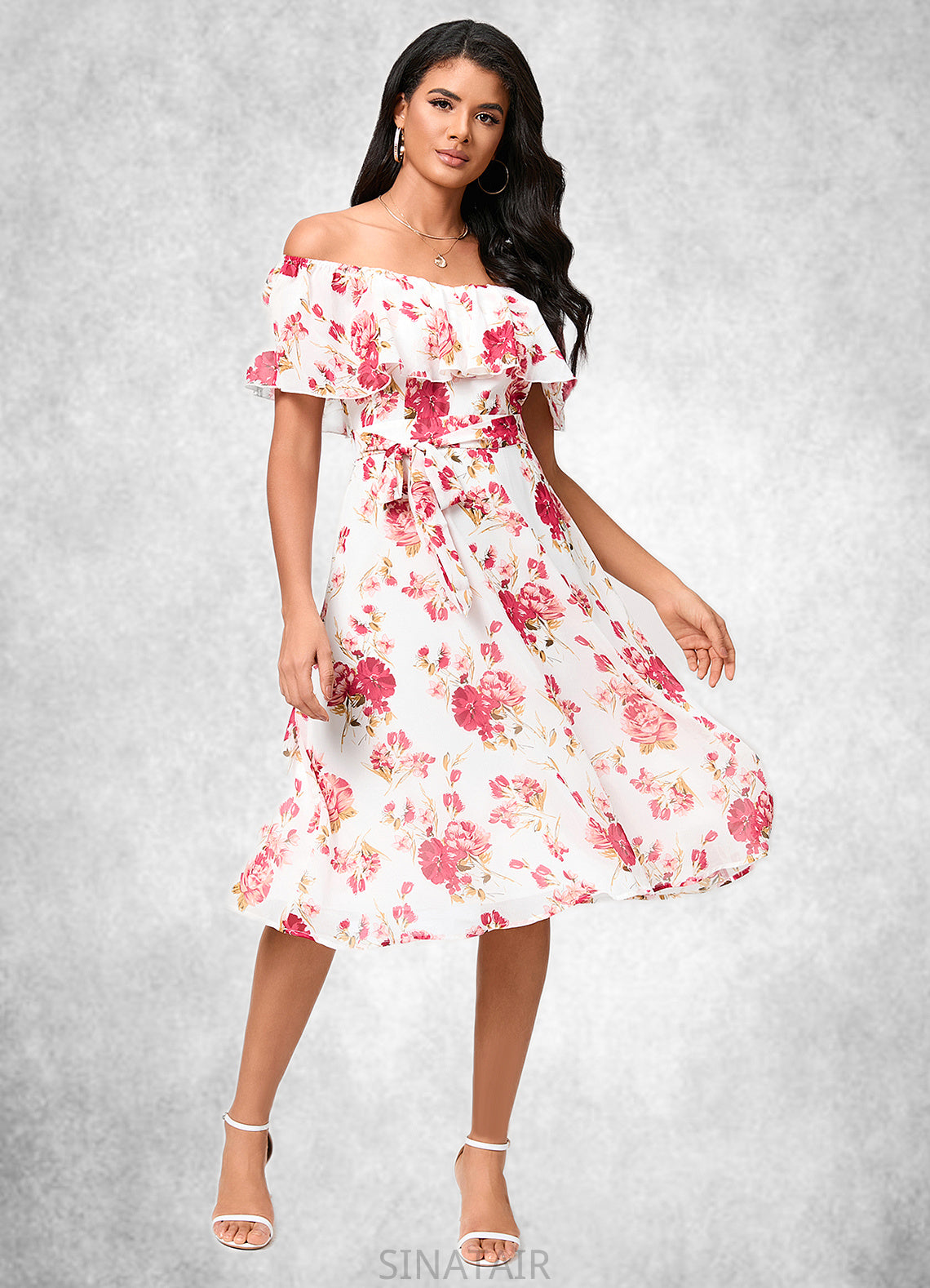 Makaila A-line Off the Shoulder Knee-Length Chiffon Cocktail Dress With Bow DHP0022337