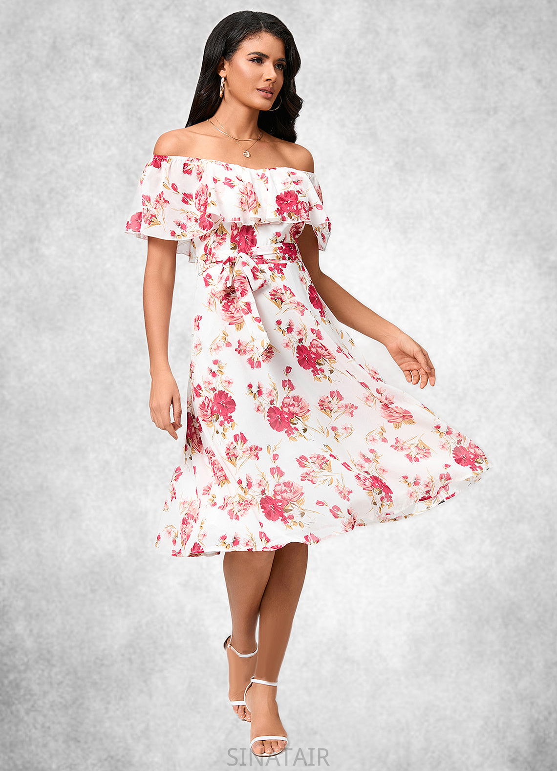 Makaila A-line Off the Shoulder Knee-Length Chiffon Cocktail Dress With Bow DHP0022337