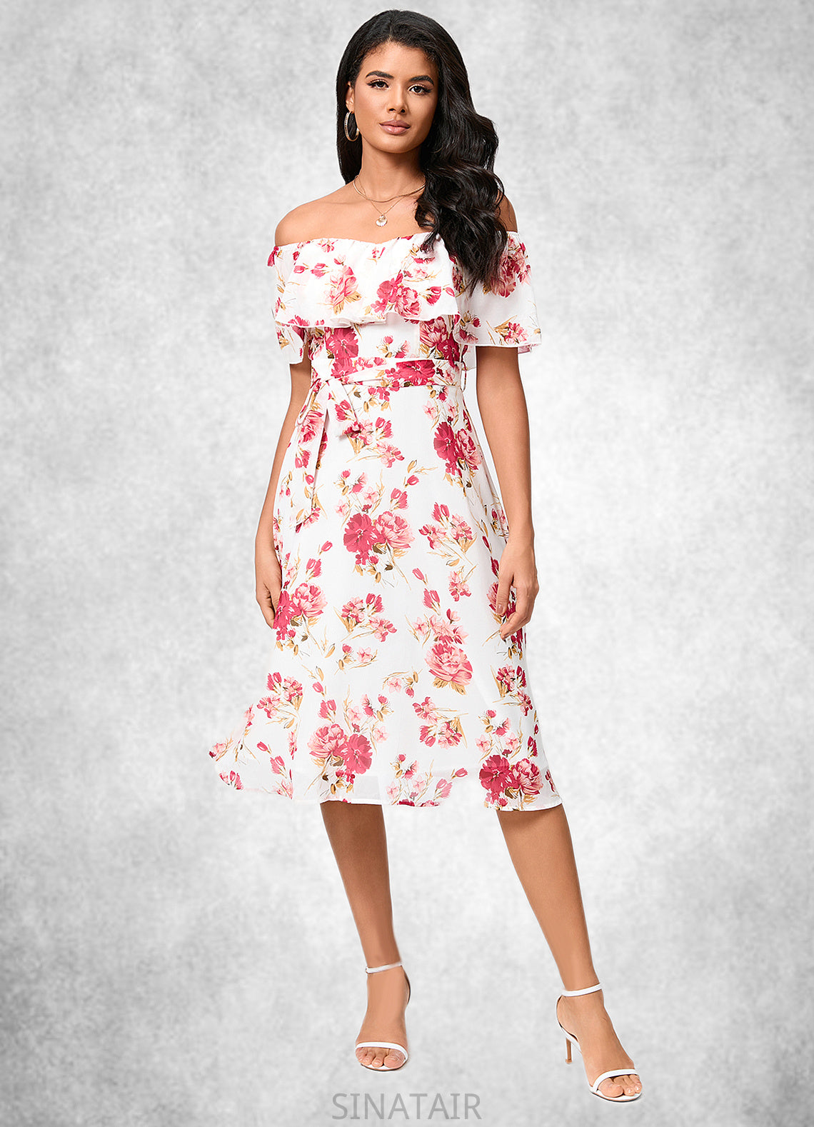 Makaila A-line Off the Shoulder Knee-Length Chiffon Cocktail Dress With Bow DHP0022337