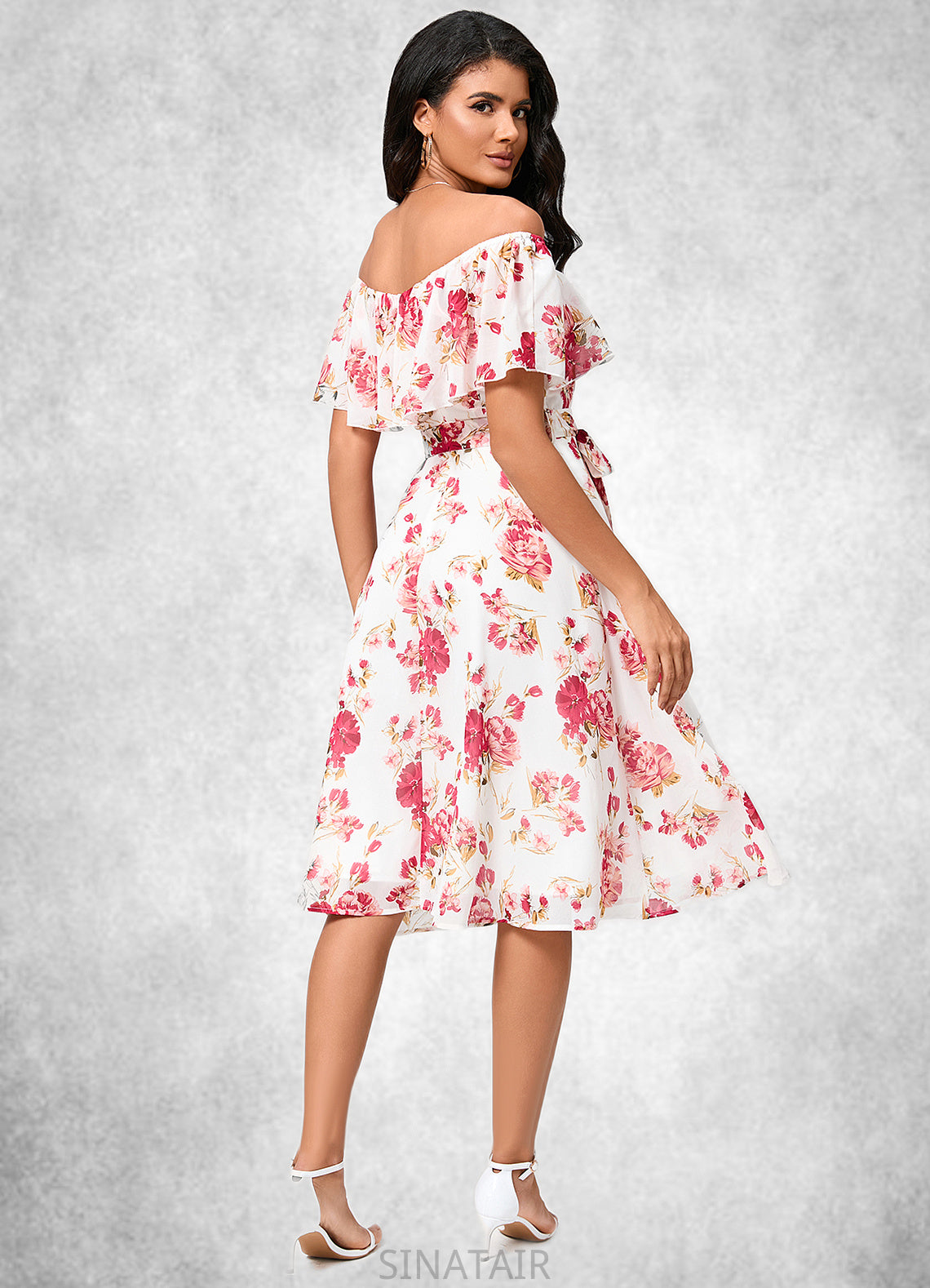 Makaila A-line Off the Shoulder Knee-Length Chiffon Cocktail Dress With Bow DHP0022337