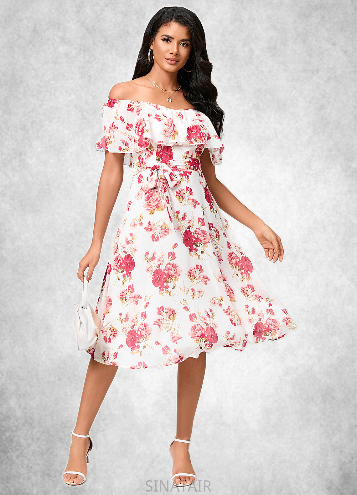 Makaila A-line Off the Shoulder Knee-Length Chiffon Cocktail Dress With Bow DHP0022337