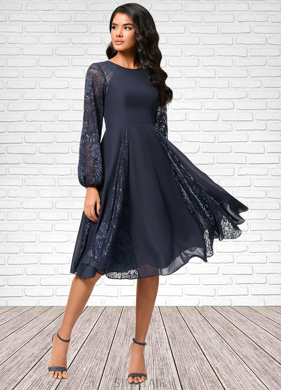 Myla A-line Scoop Knee-Length Chiffon Lace Cocktail Dress DHP0022347