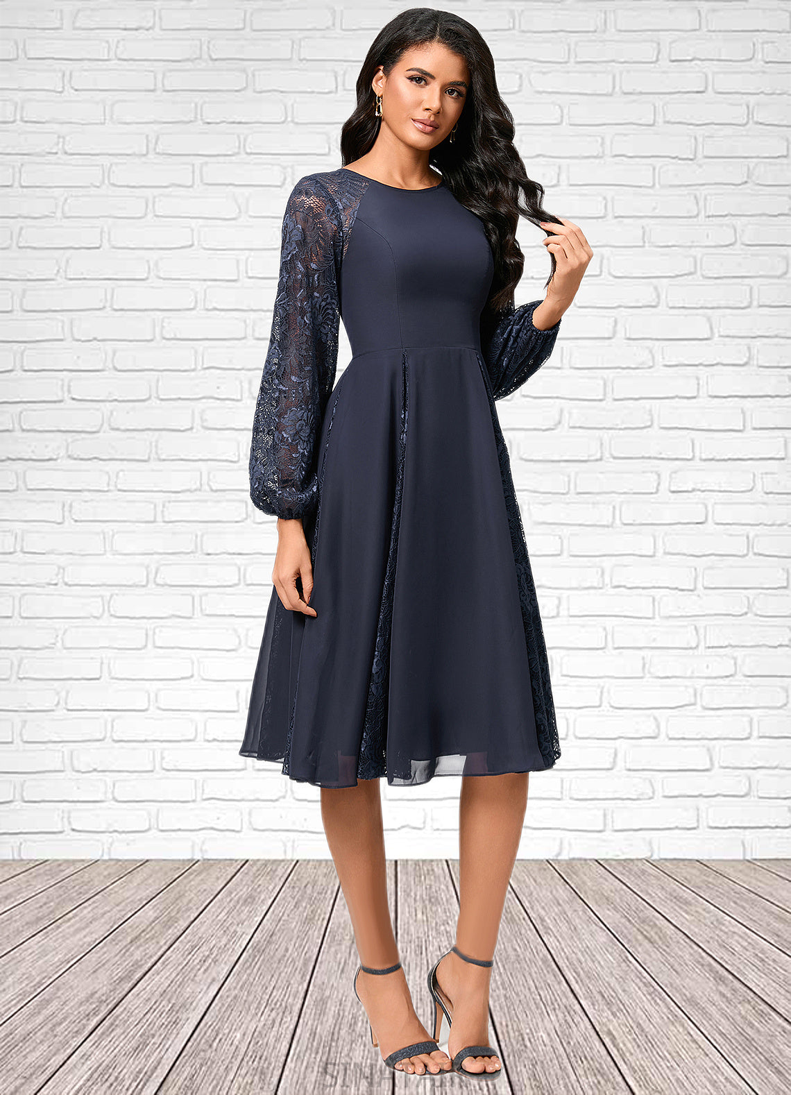 Myla A-line Scoop Knee-Length Chiffon Lace Cocktail Dress DHP0022347