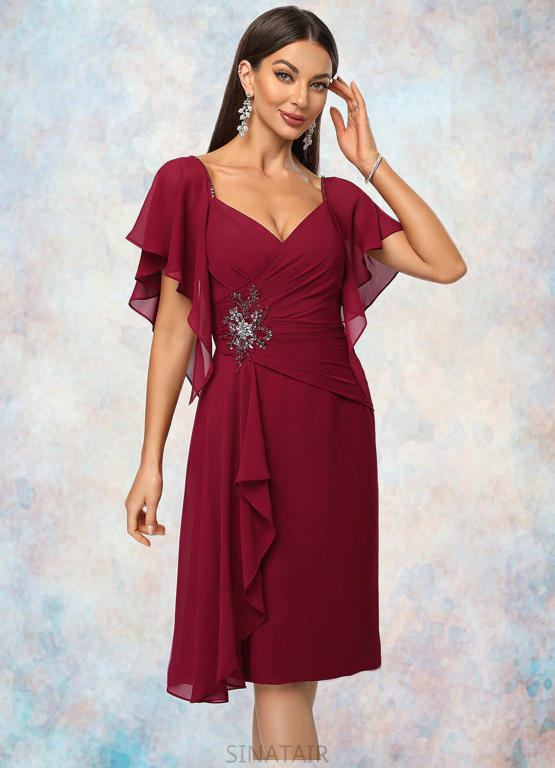 Harley Sheath/Column V-Neck Knee-Length Chiffon Cocktail Dress With Beading Cascading Ruffles DHP0022350