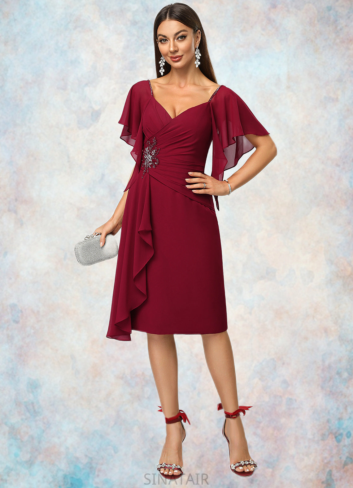 Harley Sheath/Column V-Neck Knee-Length Chiffon Cocktail Dress With Beading Cascading Ruffles DHP0022350