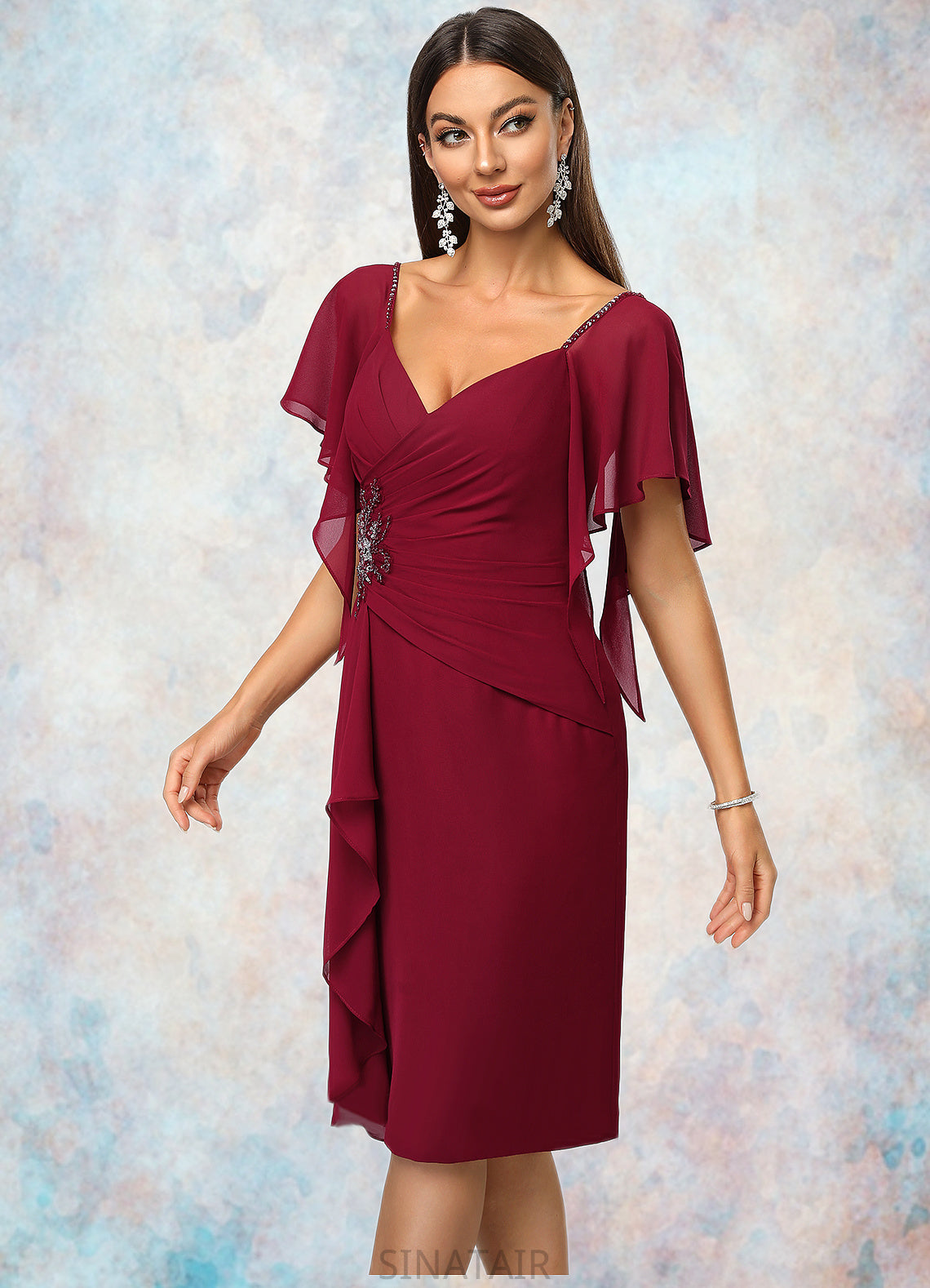 Harley Sheath/Column V-Neck Knee-Length Chiffon Cocktail Dress With Beading Cascading Ruffles DHP0022350