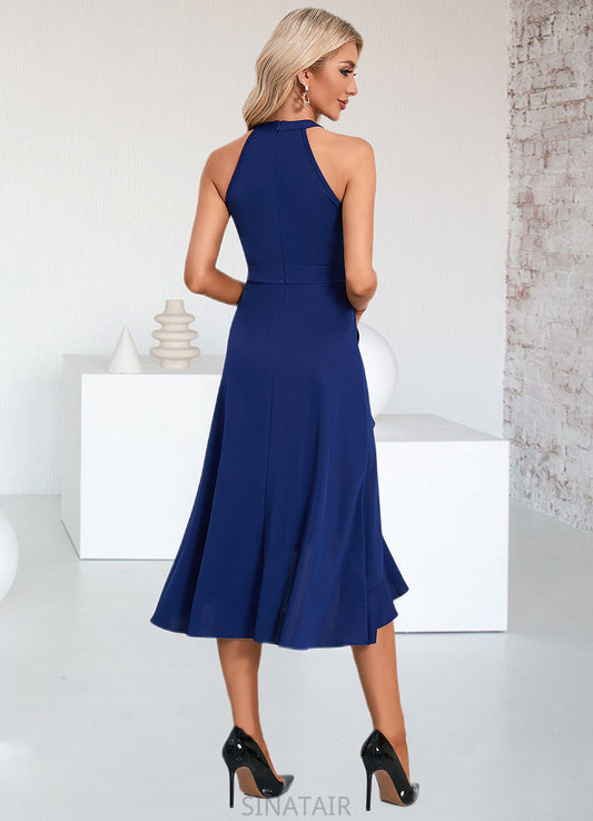 Macey Cascading Ruffles High Neck Elegant A-line Cotton Blends Asymmetrical Midi Dresses DHP0022353