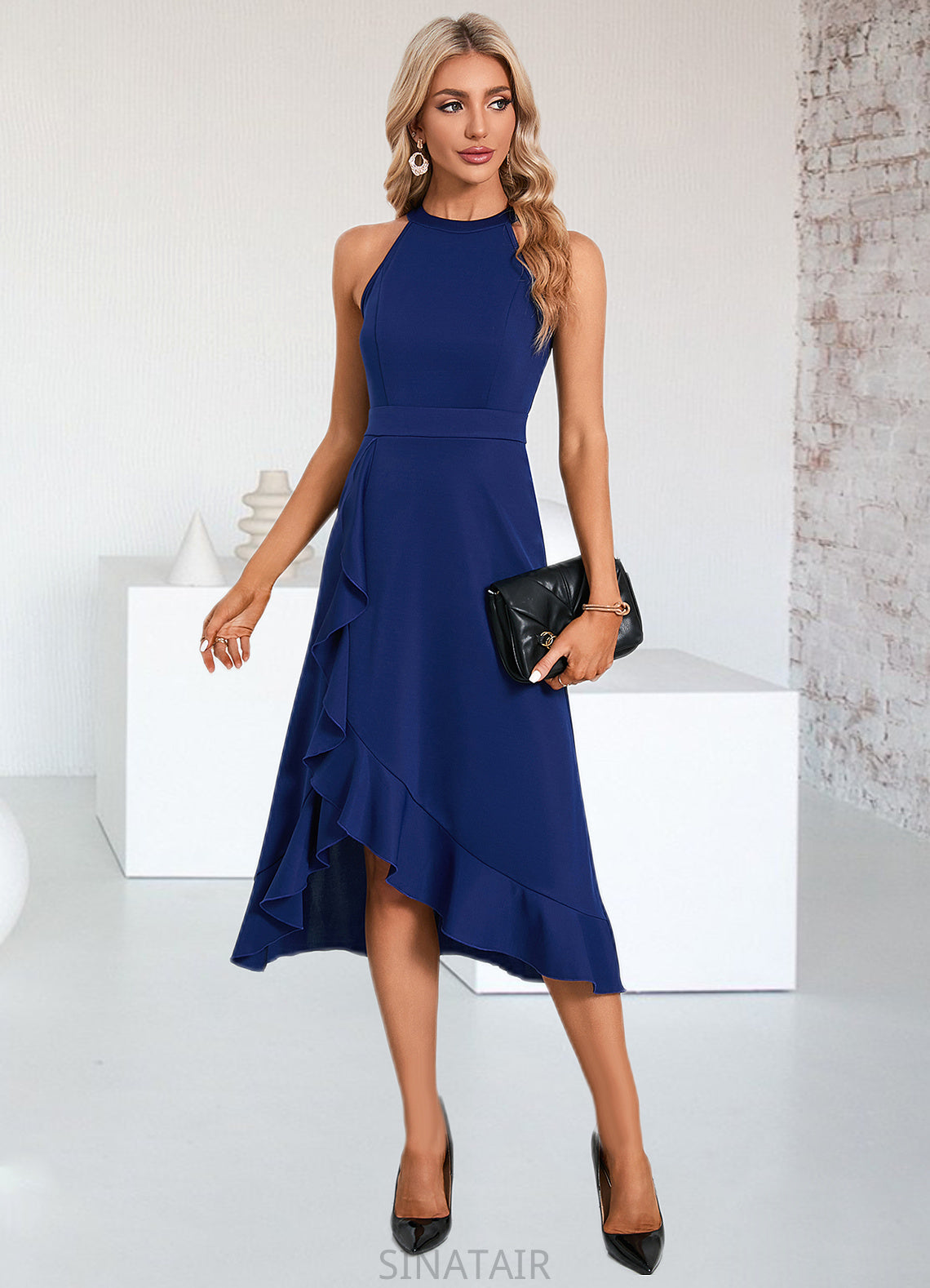 Macey Cascading Ruffles High Neck Elegant A-line Cotton Blends Asymmetrical Midi Dresses DHP0022353