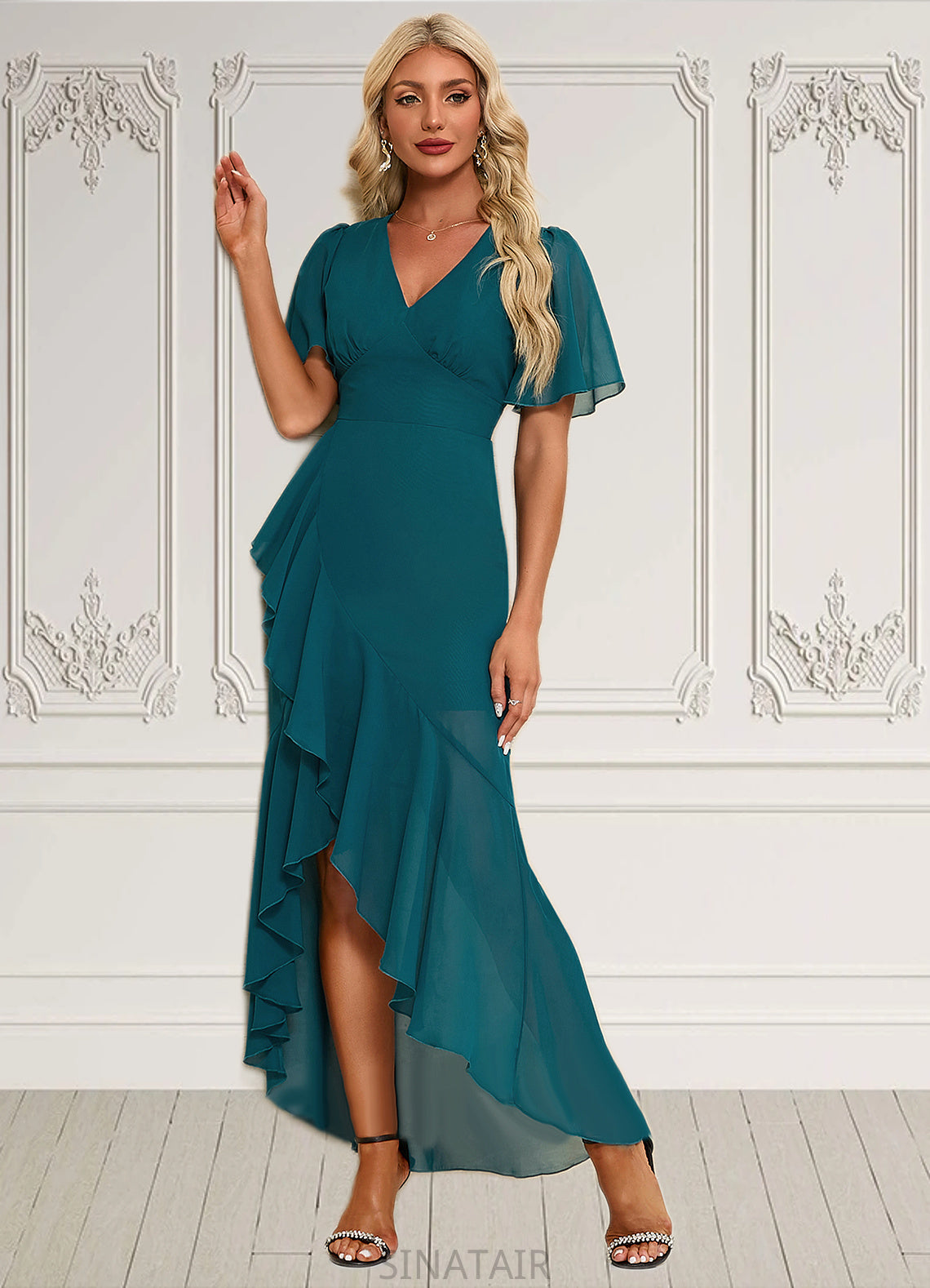 Ellen Ruffle V-Neck Elegant Trumpet/Mermaid Chiffon Asymmetrical Dresses DHP0022358