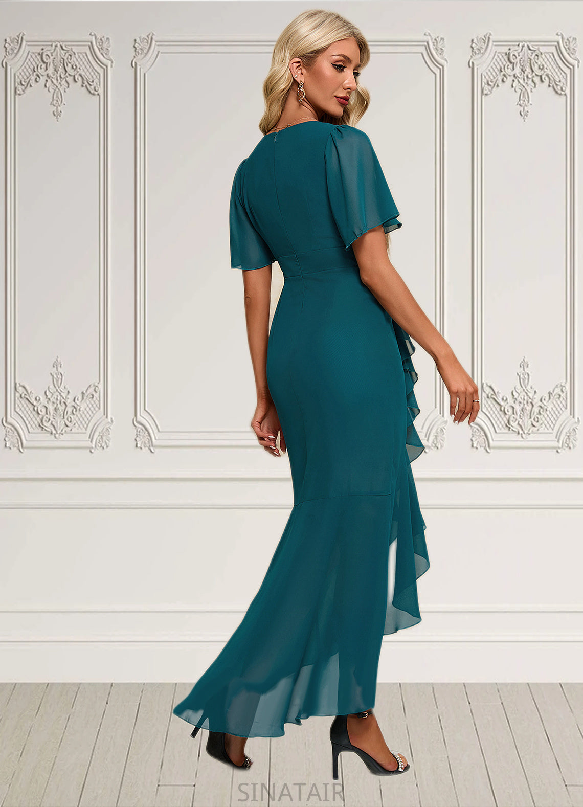 Ellen Ruffle V-Neck Elegant Trumpet/Mermaid Chiffon Asymmetrical Dresses DHP0022358