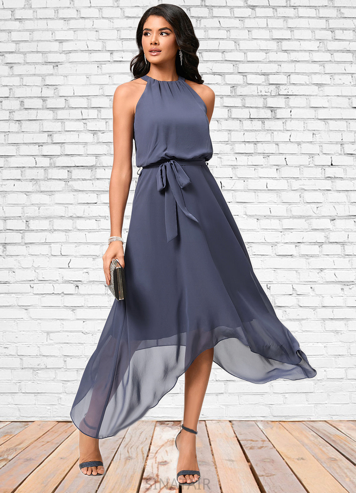 Bella A-line Scoop Ankle-Length Chiffon Cocktail Dress With Ruffle DHP0022361